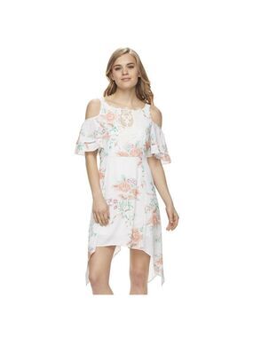 Beauty and the  Beast Floral Dress Cold Shoulder Asymmetrical Hem Medium